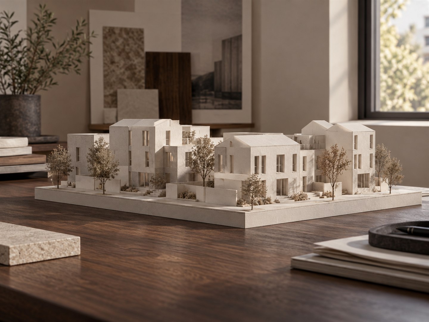 Development concept: a pale architectural scale model on a walnut studio table.
